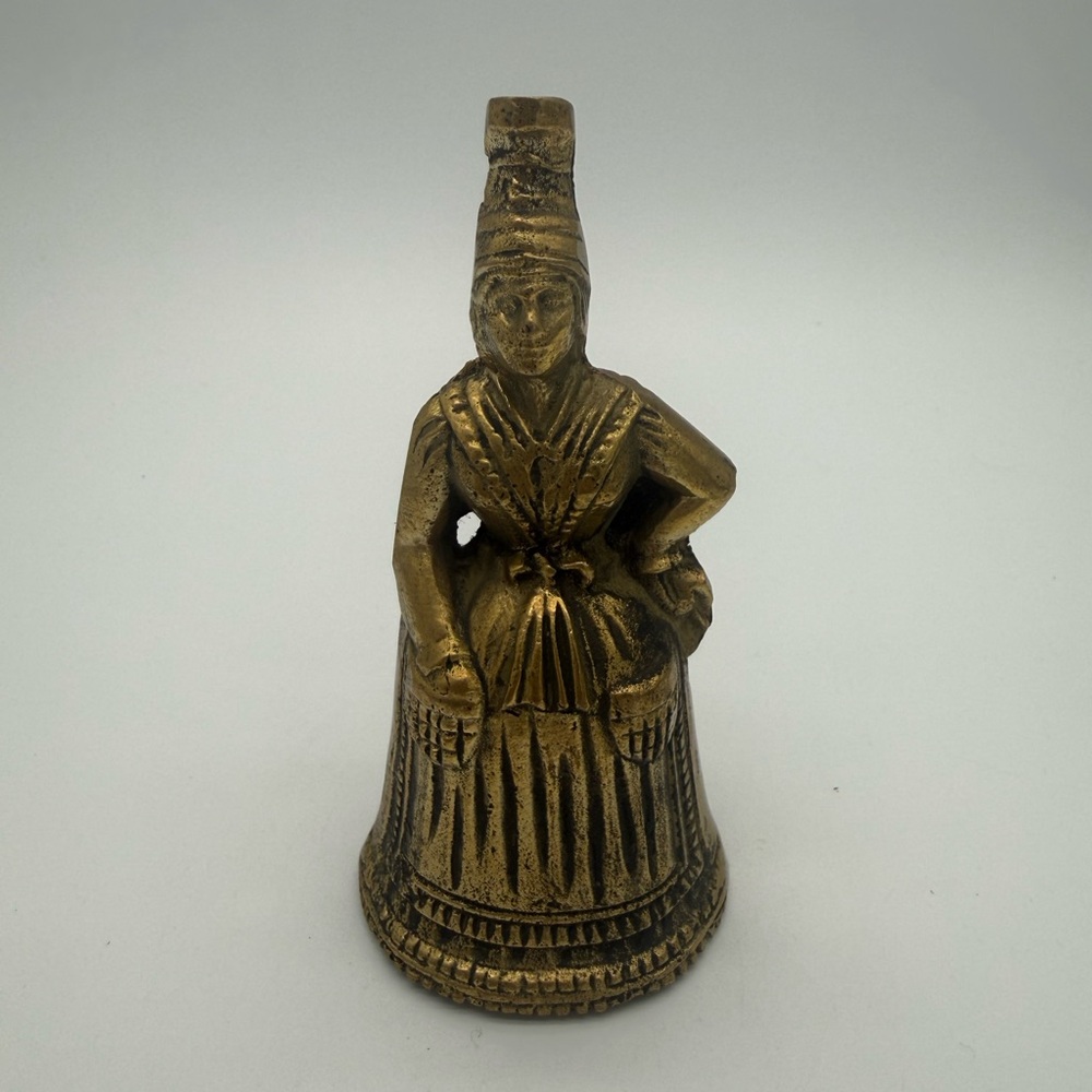 Vintage Solid Cast Brass Figural Elizabethan Victorian Lady Dinner Tea Bell MCM